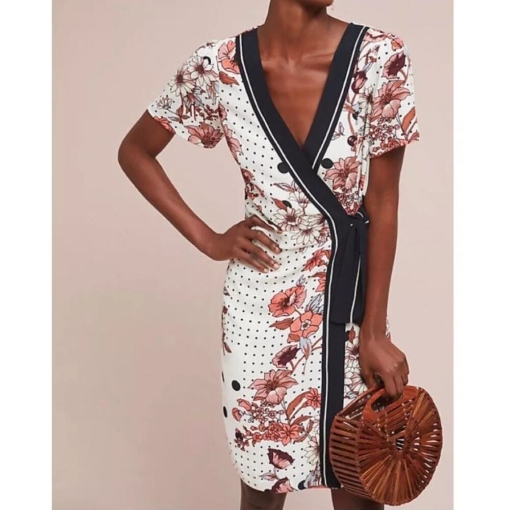 Maeve by Anthropologie Aubrey Wrap Dress Womens Size 14 White Floral Mini Casual